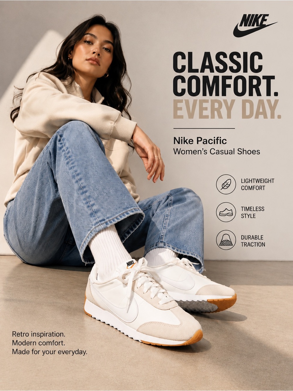 NWT Nike Pacific Wmns Sneakers White Safety Orange Gum Sole Retro Runner size 8
